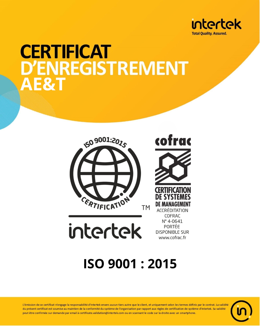 Certification ISO 9001 : 2015